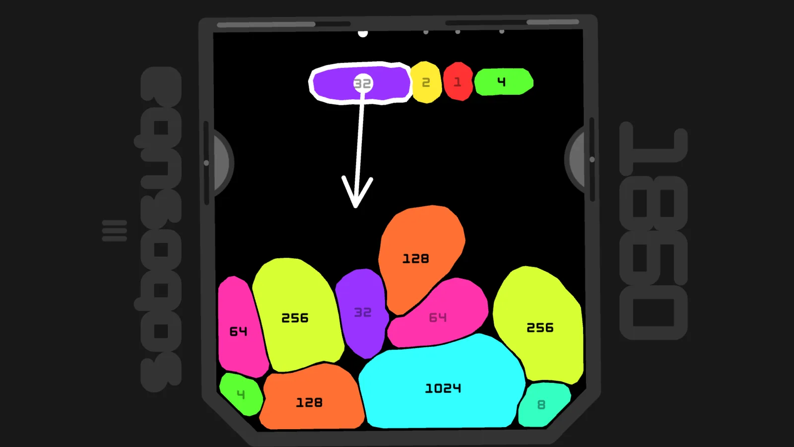 The aiming arrow points down from a selected 32 blob